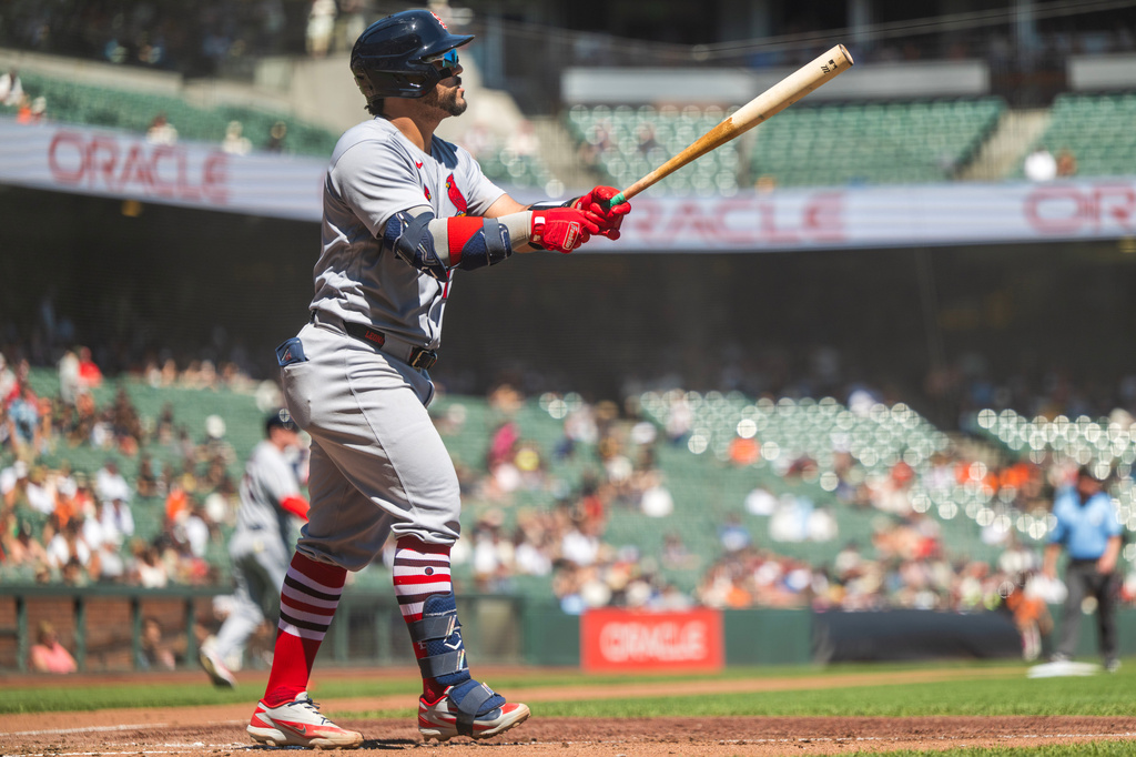 St. Louis Cardinals' Leo Bernal watches his home run during the third inning of a baseball game against the San Francisco Giants in San Francisco, Wednesday, Sept. 9, 2026. (AP Photo/Nic Coury)