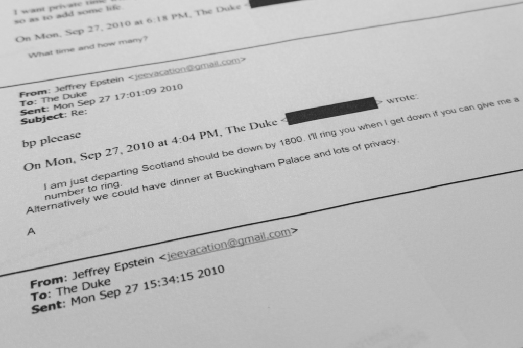 A document showing an email exchange between Jeffrey Epstein and Andrew Mountbatten-Windsor, formerly known as Prince Andrew, and who Epstein referred to as "The Duke," that was in a U.S. Department of Justice release, is photographed Saturday, Jan. 31, 2026. (AP Photo/Jon Elswick)