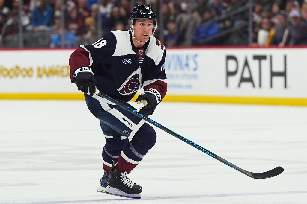 FILE - Colorado Avalanche center Jack Drury (18) in the first period of an NHL hockey game, April 5, 2026, in Denver. (AP Photo/David Zalubowski, File)