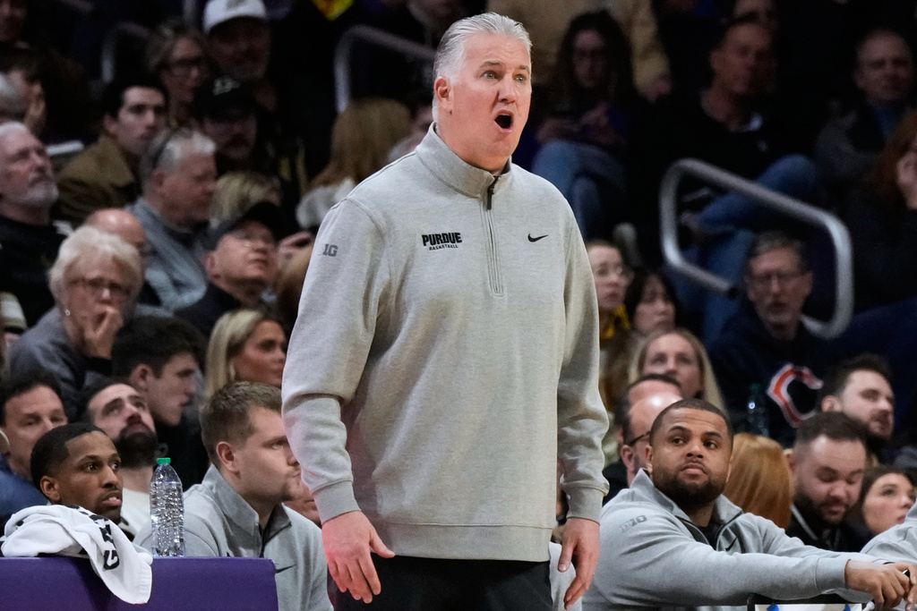 Purdue head coach Matt Painter reacts to a call during the first half of an NCAA college basketball game against Northwestern in Evanston, Ill., Wednesday, March 4, 2026. (AP Photo/Nam Y. Huh)
