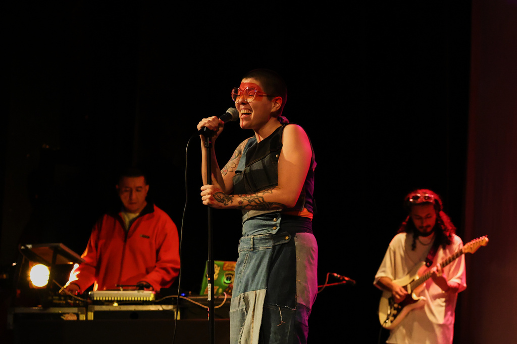 Mexican composer Maria Leonora performs her series she calls “Through All the Fire,” at the Sergio Magaña Theater in Mexico City, Friday, Nov. 28, 2025. (AP Photo/Claudia Rosel)