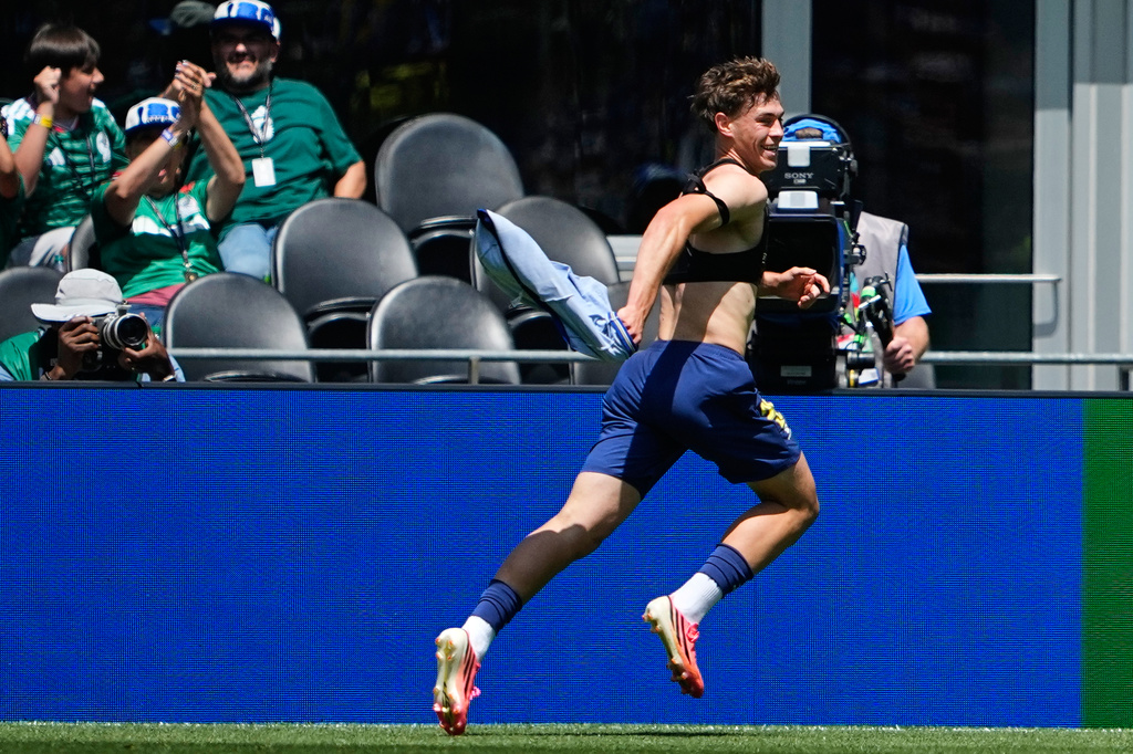 Bosnia's Ermin Mahmic celebrates after scoring his side's third goal during the World Cup Group B soccer match against Qatar in Seattle, Wednesday, June 24, 2026. (AP Photo/Lindsey Wasson)