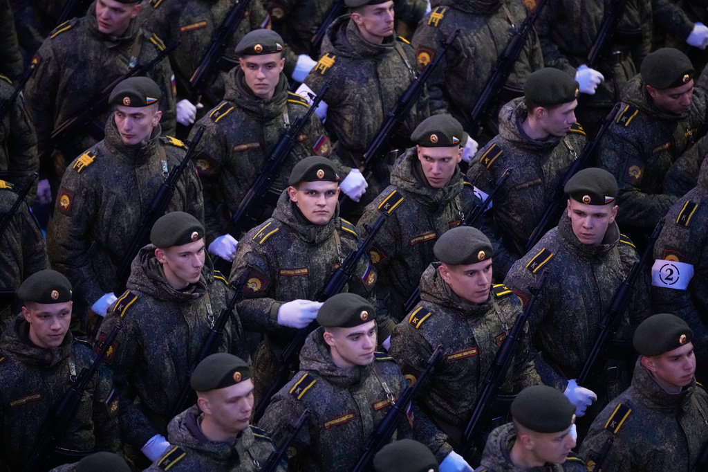 Russian servicemen stand in a formation prior to the Victory Day military parade rehearsal in Moscow, Wednesday, April 29, 2026. (AP Photo/Pavel Bednyakov)