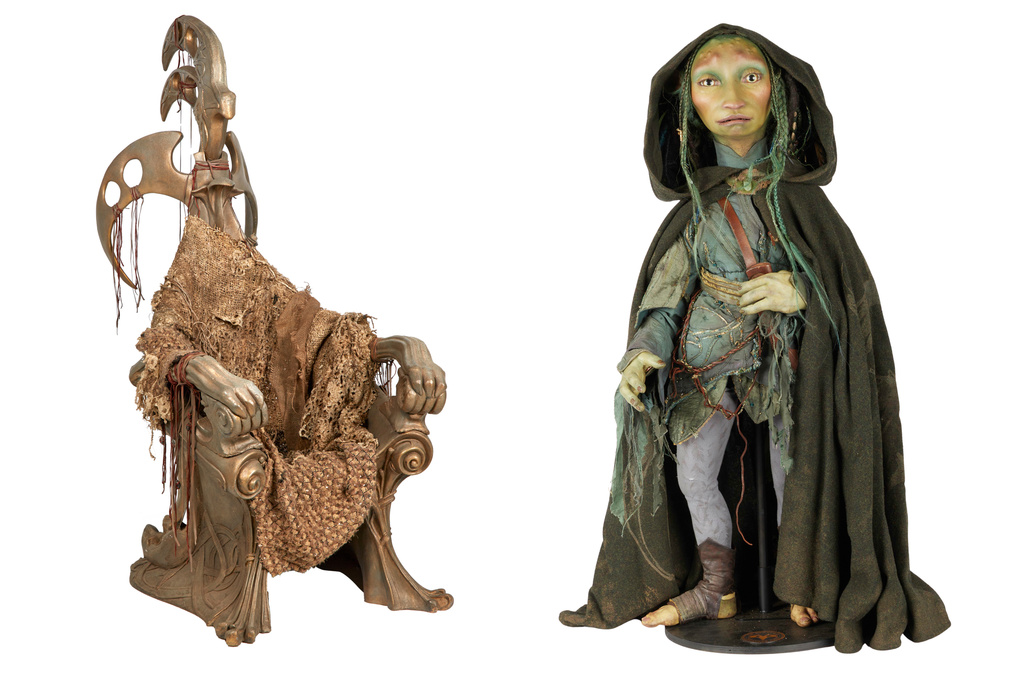 This combo of images provided by Julien's Auctions shows, from left, Dark Crystal skekGra the Heretic Circle of the Suns Skeksis Chair and The Dark Crystal Naia (Hannah John-Kamen) Drenchen Gelfling, part of more than 400 props, costumes and set pieces from Muppets creator Jim Henson’s extensive career will go up for auction this fall. (Julien's Auctions via AP)