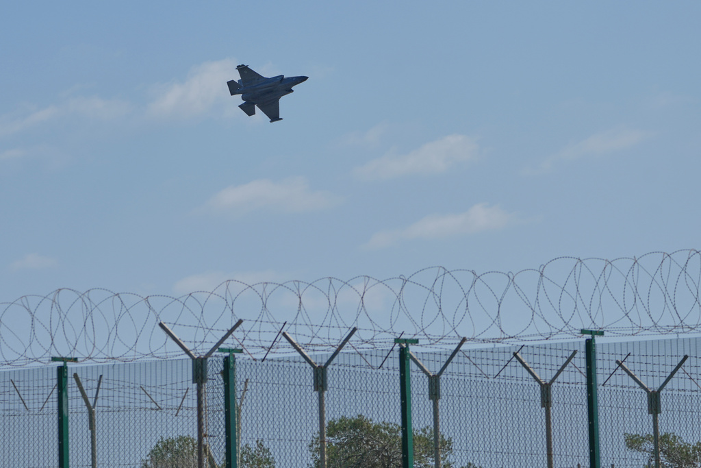 A Fighter Jet takes off from the U.K.'s RAF Akrotiri air base after it was hit by a drone strike early morning near Limassol, Cyprus, Monday, March, 2, 2026. (AP Photo/Petros Karadjias)