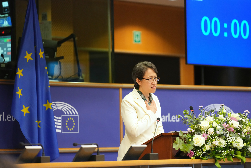Taiwan's Vice President Bi-Khim Hsiao speaks during an event at the European Parliament in Brussels, Friday, Nov. 7, 2025. (AP Photo/Virginia Mayo)