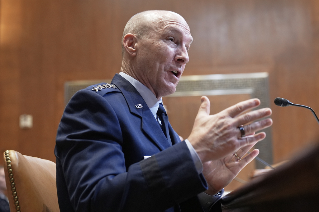FILE - Air Force Chief of Staff General David Allvin testifies during a Senate Committee on Appropriations subcommittee hearing to examine proposed budget estimates for fiscal year 2026 for the Air Force and Space Force on Capitol Hill, June 26, 2025, in Washington. (AP Photo/Mariam Zuhaib, FILE)