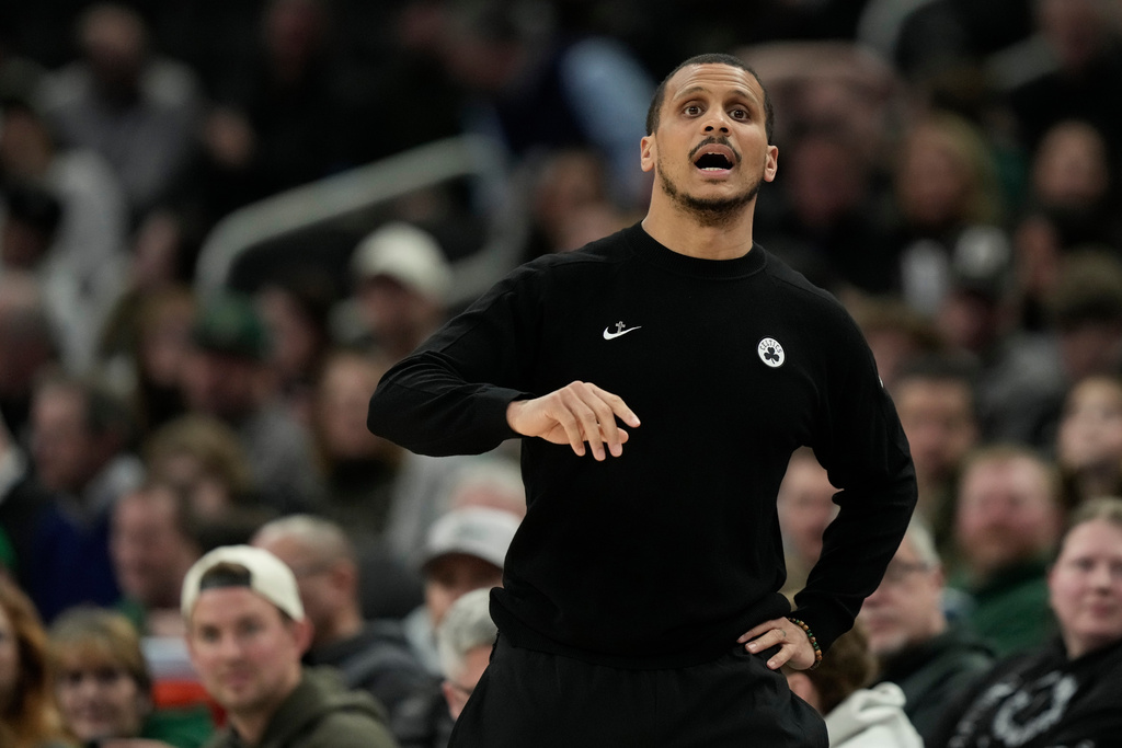 Boston Celtics head coach Joe Mazzulla gestures during the first half of an NBA basketball game against the Milwaukee Bucks, Monday, March 2, 2026, in Milwaukee. (AP Photo/Aaron Gash)