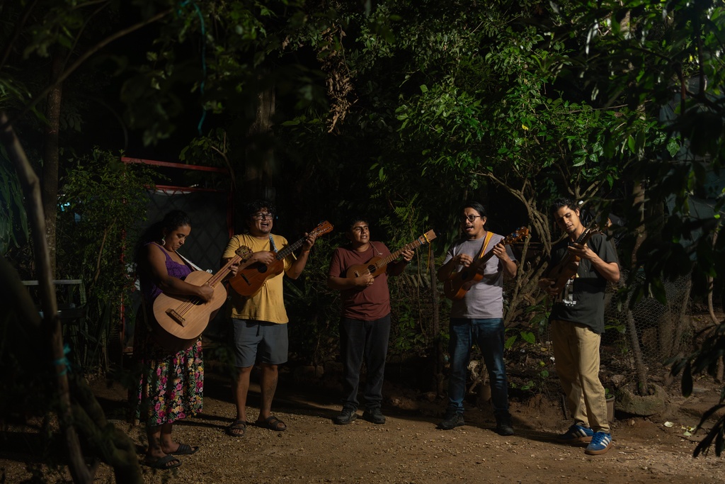 Members of the Altepee collective of musicians and activists perform in an effort to bring awareness through their music about defending their territory against infrastructure projects in Acayucan, Veracruz, Mexico, Oct. 27, 2025. (AP Photo/Felix Marquez)