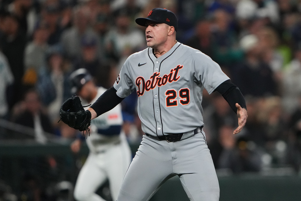 Detroit Tigers pitcher Tarik Skubal reacts after striking out Seattle Mariners' Cal Raleigh during the sixth inning in Game 5 of baseball's American League Division Series Friday, Oct. 10, 2025, in Seattle. (AP Photo/Lindsey Wasson)