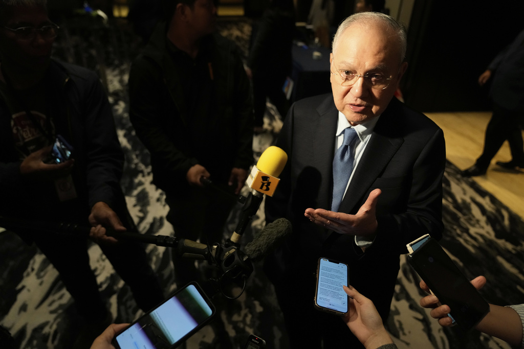 Ambassador of the Philippines to the United States, Jose Manuel Romualdez, answers questions from reporters after attending a trade and investment conference at a hotel in Pasay, Philippines, on Thursday, Aug. 14, 2025. (AP Photo/Aaron Favila)