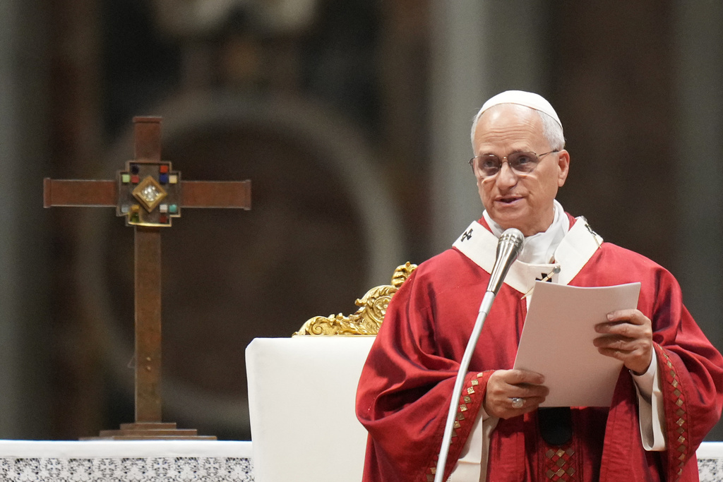 Pope Leo XIV delivers his speech as he celebrates a Mass for the opening of the academic year of the Pontifical University and for the Jubilee of the Educational World in St. Peter's Basilica at the Vatican, Monday, Oct. 27, 2025. (AP Photo/Alessandra Tarantino)