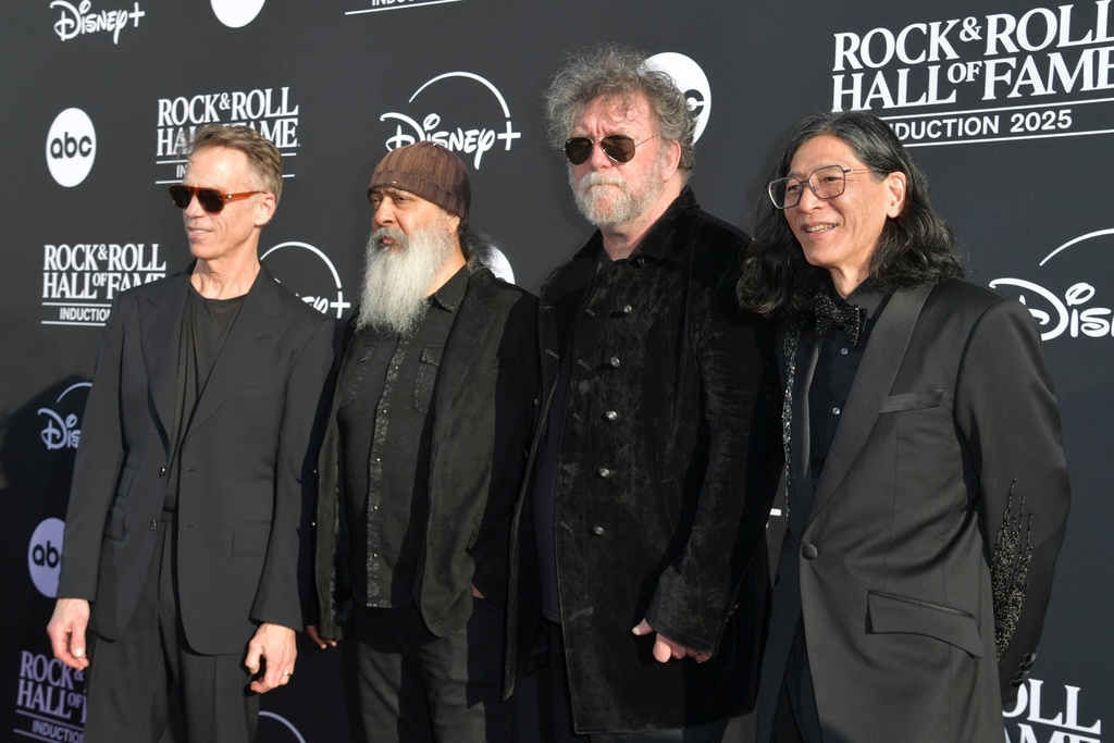 Matt Cameron, from left Kim Thayil, Ben Shepherd and Hiro Yamamoto of Soundgarden arrive at the 2025 Rock and Roll Hall of Fame Induction Ceremony on Saturday, Nov. 8, 2025, at L.A. Live in Los Angeles. (Photo by Richard Shotwell/Invision/AP)
