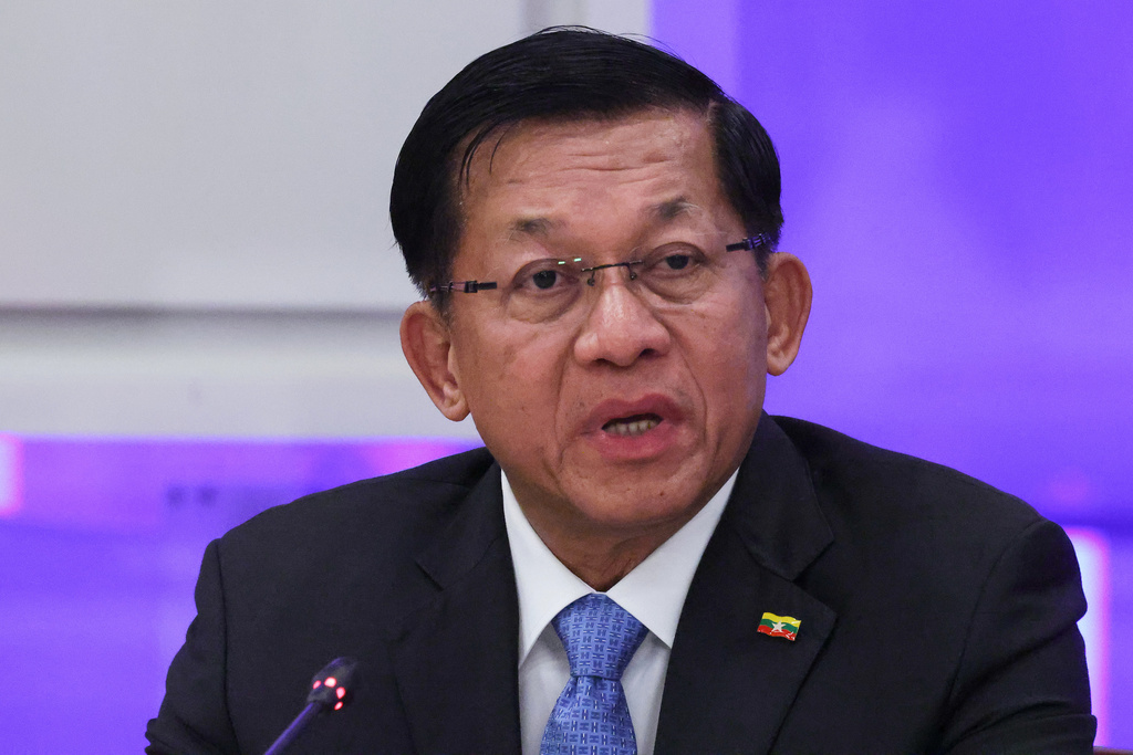 FILE - Myanmar's Military leader Senior Gen. Min Aung Hlaing speaks during a session at the World Atomic Week forum at the Exhibition of Achievements of National Economy (VDNKh) in Moscow, Russia, Sept. 25, 2025. (Evgenia Novozhenina/Pool Photo via AP, File)