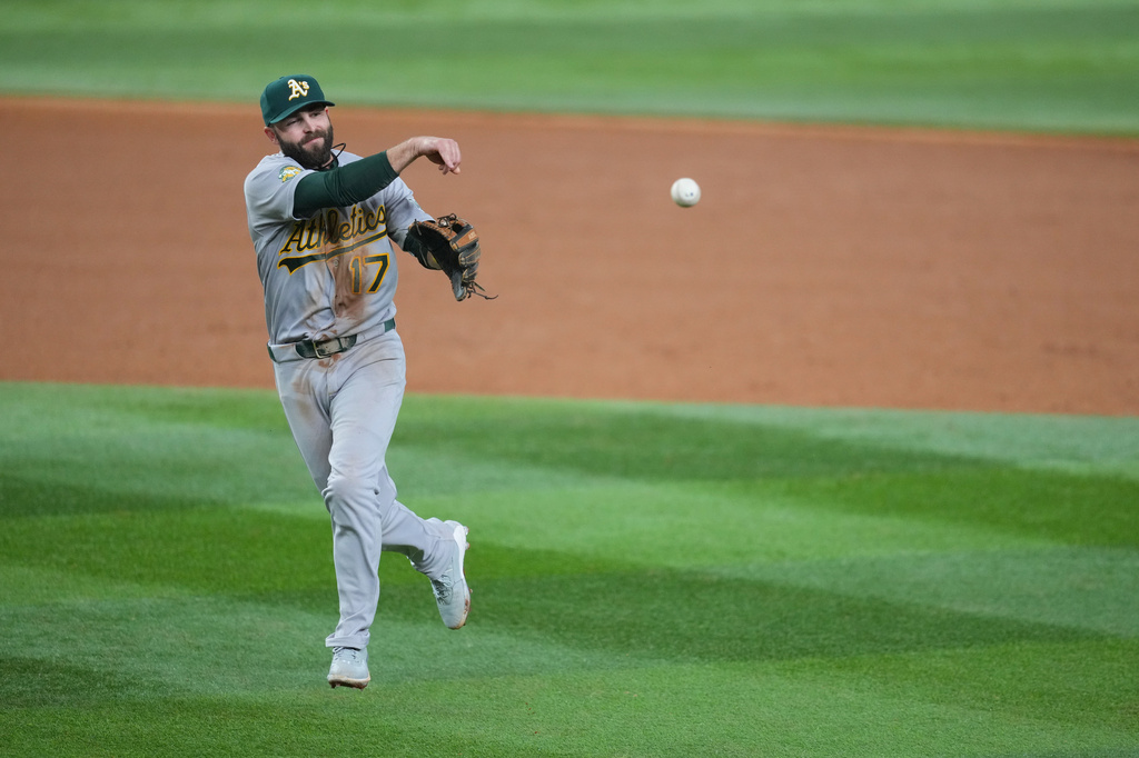 Athletics second baseman Michael Stefanic fields a groundout by the Texas Rangers during the fifth inning of a baseball game Tuesday, Sept. 1, 2026, in Arlington, Texas. (AP Photo/Julio Cortez)