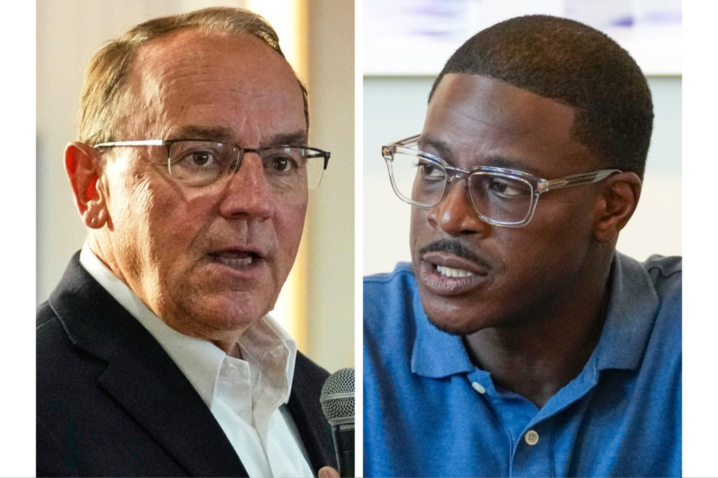 This combination photo shows Wisconsin gubernatorial candidates Republican Tom Tiffany, July 29, 2026, in Kenosha, Wis., left, and Democrat David Crowley, Aug. 12, 2026, in Middleton, Wis. (AP Photo)