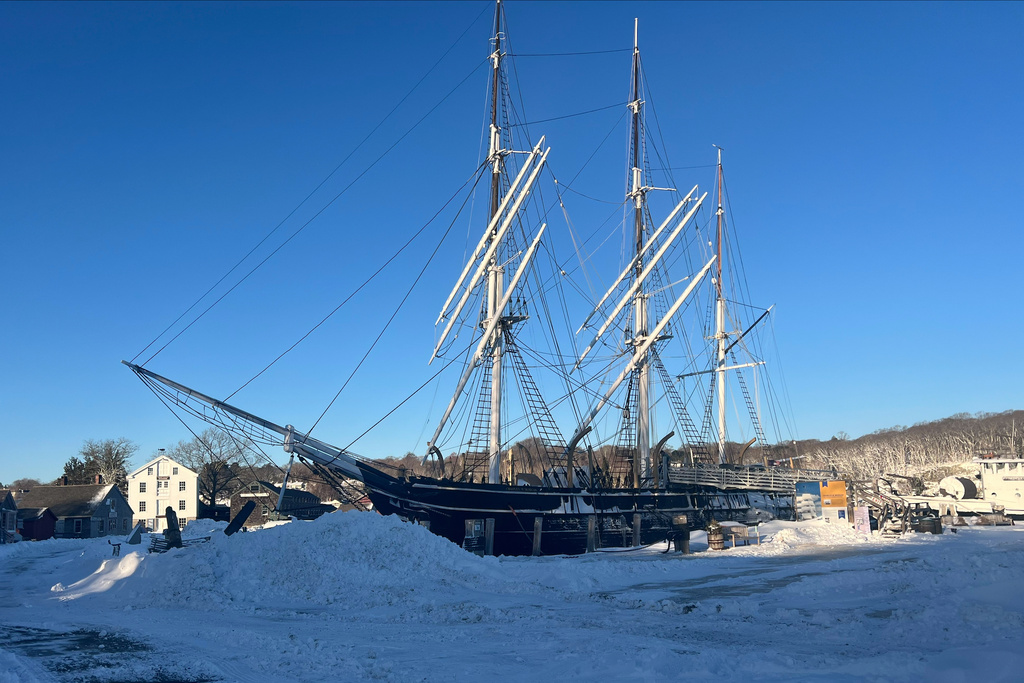 The Charles W. Morgan is berthed at the Mystic Seaport Museum in Mystic, Conn., Tuesday, Feb. 24, 2026, following a snowstorm. (Shannon McKenzie/Mystic Seaport Museum via AP)