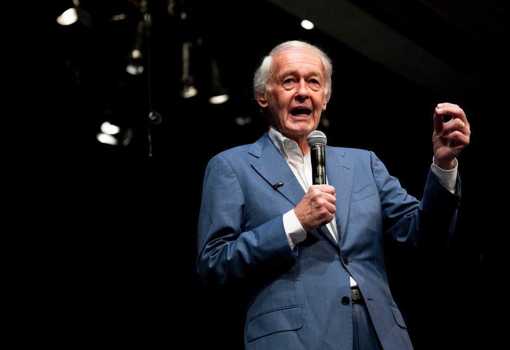 Sen. Ed Markey speaks during a town hall meeting at Holyoke Community College in Holyoke, Mass., Saturday, Aug. 15, 2026. (Daniel Jacobi II/The Daily Hampshire Gazette via AP)