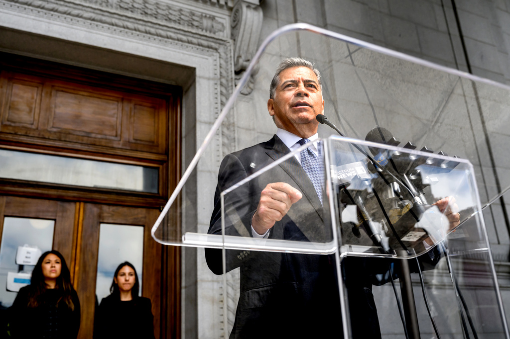 California gubernatorial candidate Xavier Becerra speaks outside the Supreme Court of California following a hearing about Riverside County Sheriff Chad Bianco's seizure and recount of more than half a million 2025 election ballots on Monday, Aug. 24, 2026, in San Francisco. (AP Photo/Noah Berger)