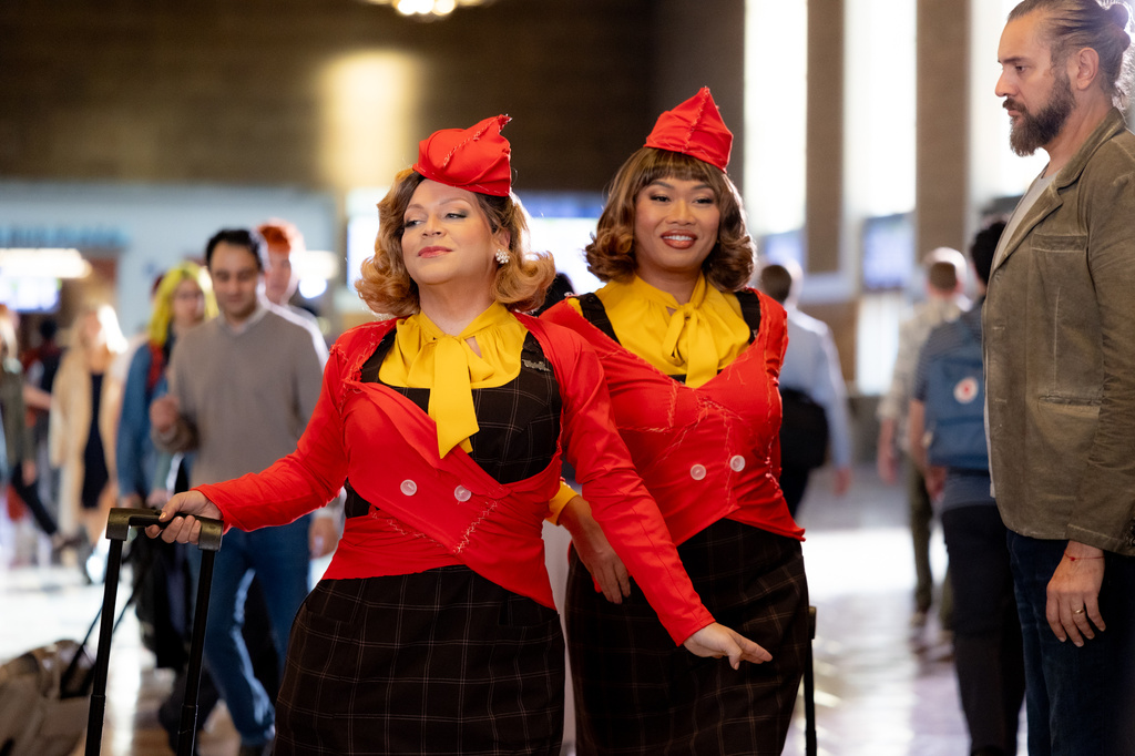 Ginger Minj, left, and Jujubee appear in a scene from "Stop! That! Train!" (Bleecker Street and World of Wonder via AP)