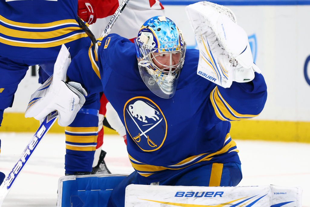 Buffalo Sabres goaltender Colten Ellis (92) watches the puck go wide during the second period of an NHL hockey game against the Detroit Red Wings Wednesday, Oct. 22, 2025, in Buffalo, N.Y. (AP Photo/Jeffrey T. Barnes)