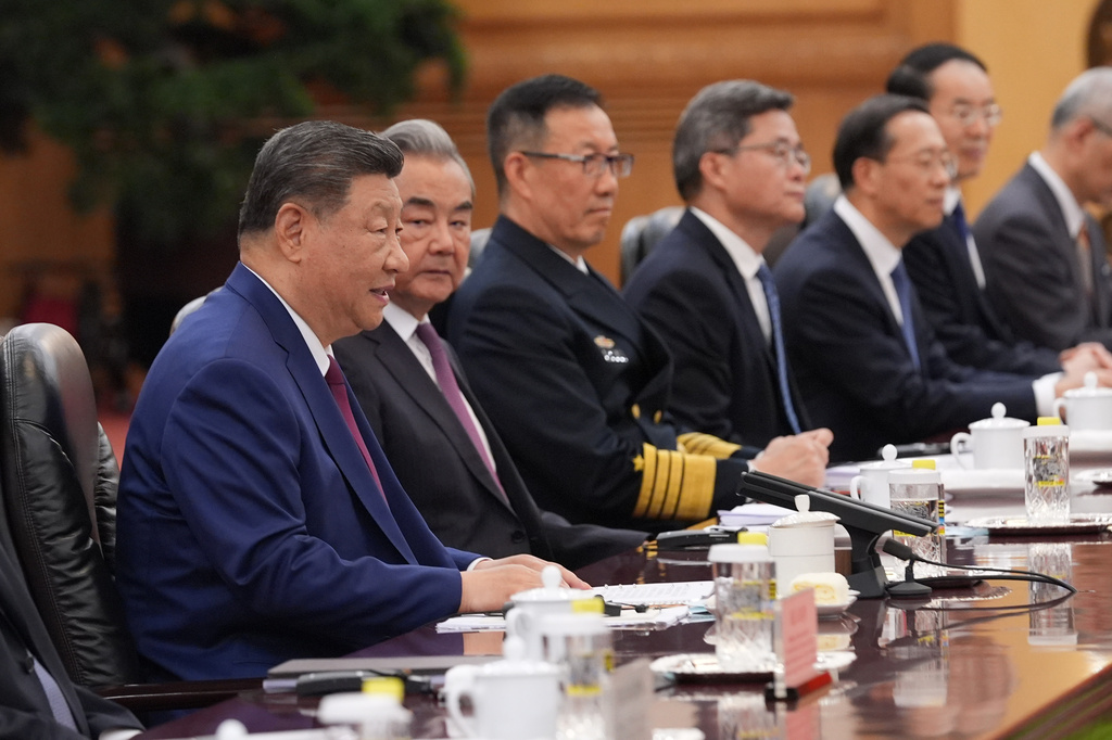 China's President Xi Jinping speaks as he meets with President Donald Trump at the Great Hall of the People, Thursday, May 14, 2026, in Beijing. (AP Photo/Mark Schiefelbein)