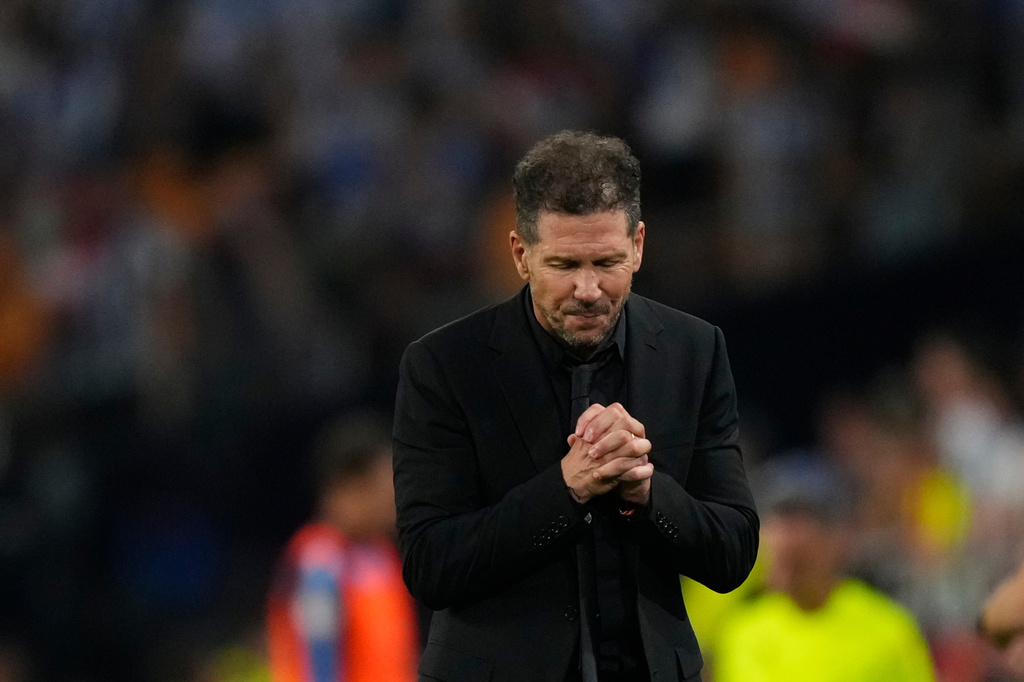 Atletico Madrid's head coach Diego Simeone reacts during the Copa del Rey final soccer match between Atletico Madrid and Real Sociedad in Seville, Spain, Saturday, April. 18, 2026. (AP Photo/Jose Breton)
