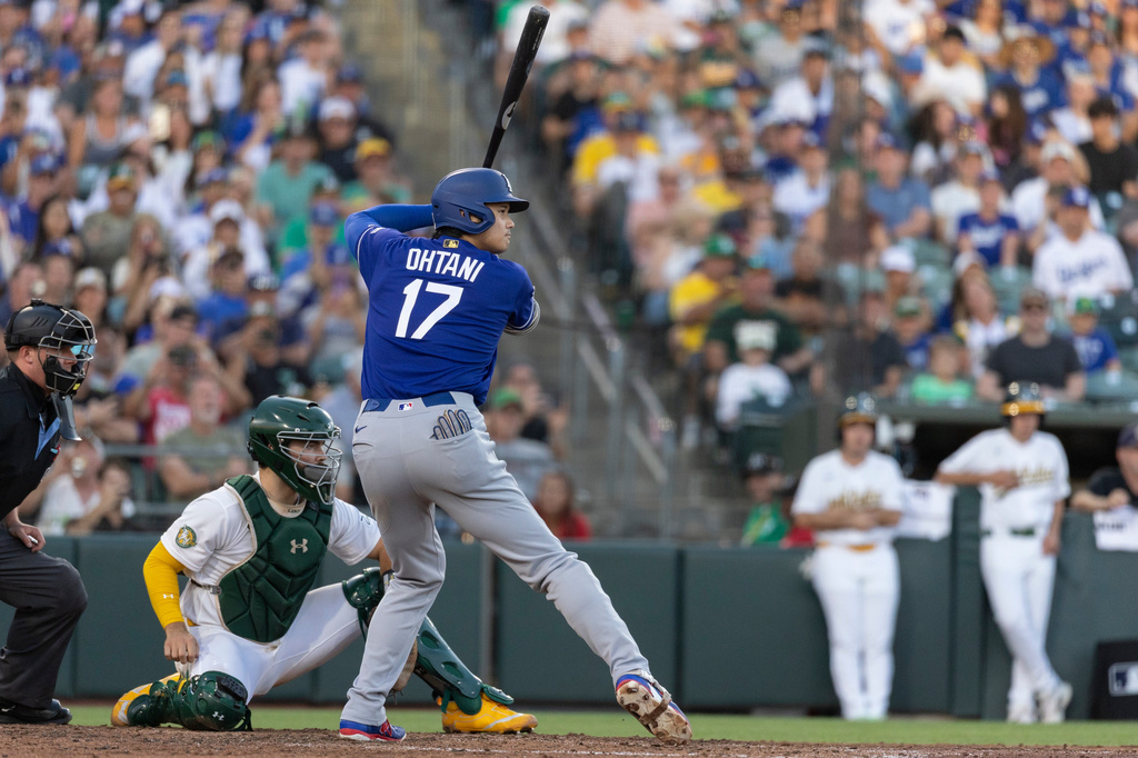 Los Angeles Dodgers' Shohei Ohtani at-bat during the sixth inning of a baseball game against the Athletics Tuesday, June 30, 2026, in West Sacramento, Calif. (AP Photo/Sara Nevis)