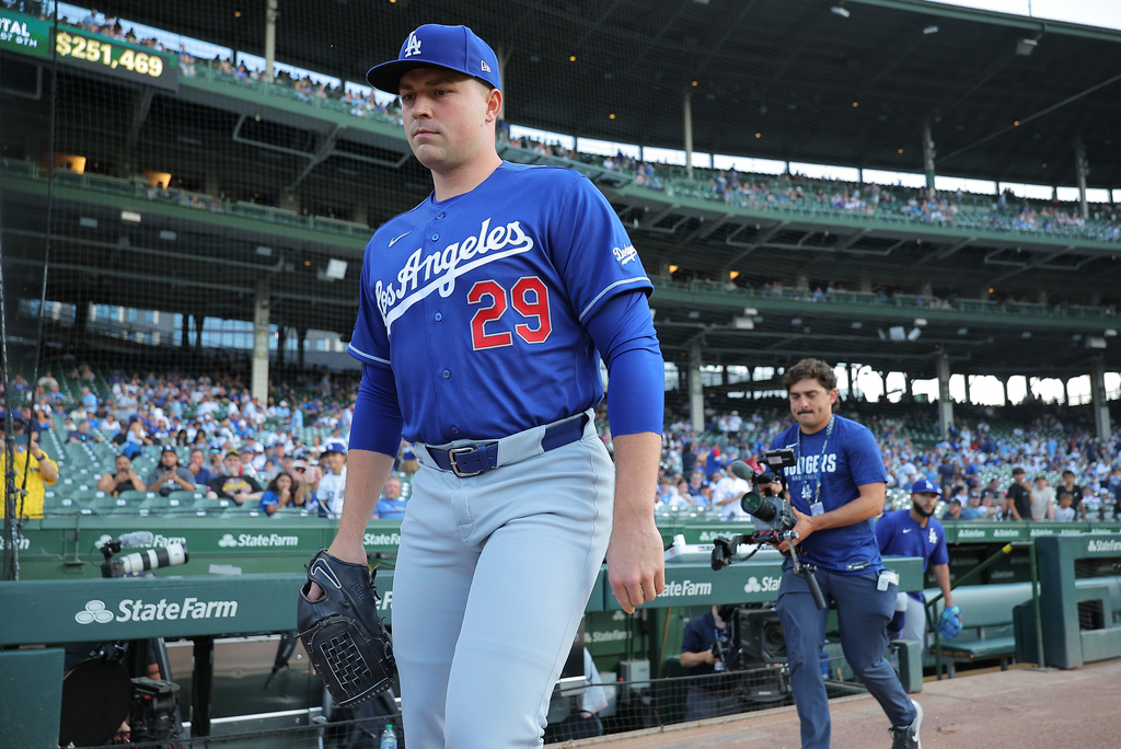Los Angeles Dodgers starting pitcher Tarik Skubal makes his way to the bullpen prior to a baseball game against the Chicago Cubs, Tuesday, Aug. 4, 2026, in Chicago. (AP Photo/Melissa Tamez)