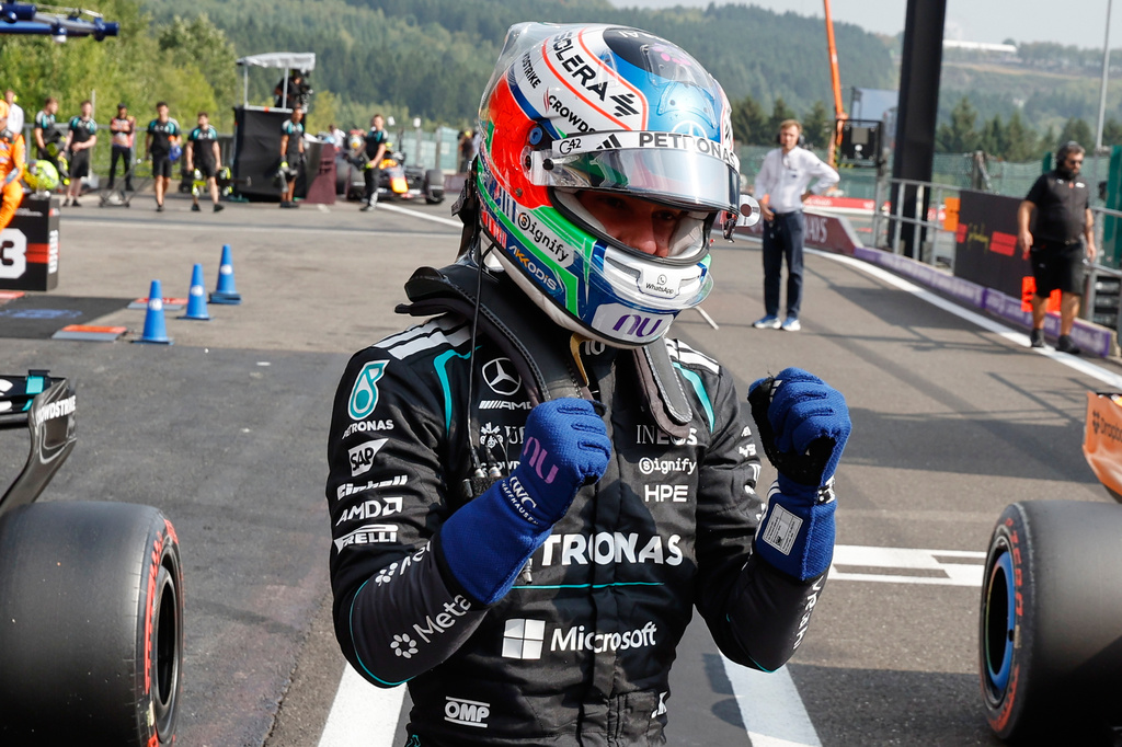 Mercedes driver Andrea Kimi Antonelli of Italy celebrates after qualifying for pole position ahead of the Formula One Grand Prix at the Spa-Francorchamps racetrack in Spa, Belgium, Saturday, July 18, 2026. (AP Photo/Geert Vanden Wijngaert)