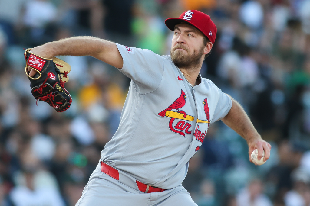 St. Louis Cardinals pitcher Matthew Liberatore throws to a Athletics batter during the second inning of a baseball game, Wednesday, May 13, 2026, in West Sacramento, Calif. (AP Photo/Scott Marshall)