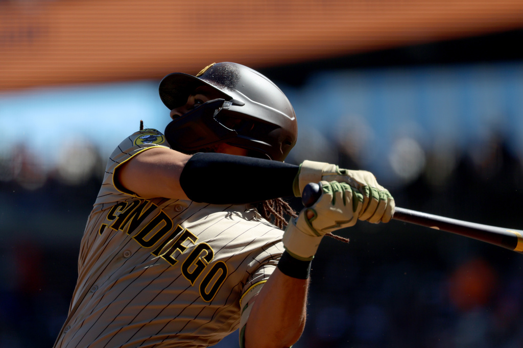 San Diego Padres' Fernando Tatis Jr. watches his solo home run during the sixth inning of a baseball game against the San Francisco Giants in San Francisco, Saturday, Sept. 12, 2026. (AP Photo/Jed Jacobsohn)