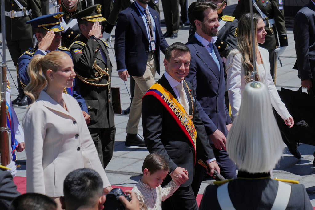 President Daniel Noboa leaves the National Assembly after delivering his State of the Nation address at the National Assembly in Quito, Ecuador, Sunday, May 24, 2026. (AP Photo/Dolores Ochoa)