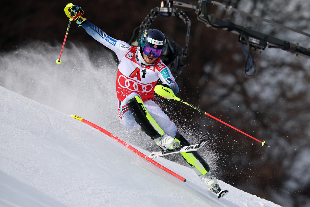 Norway's Atle Lie McGrath speeds down the course during an alpine ski, men's World Cup slalom in Kitzbuehel, Austria, Sunday, Jan. 25, 2026. (AP Photo/Marco Trovati)