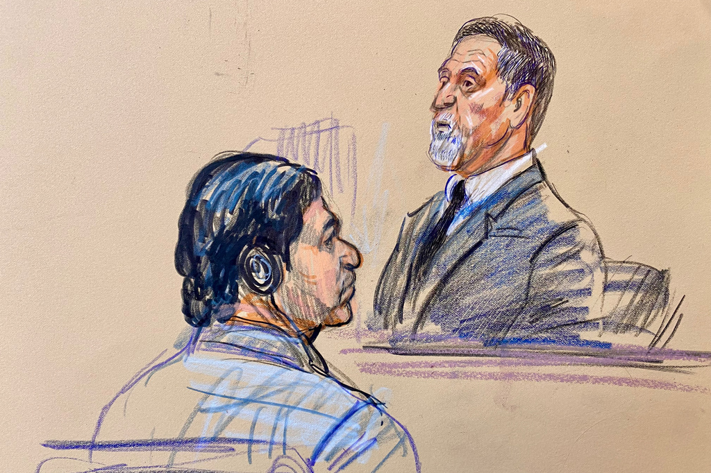 This courtroom sketch depicts government witness Bruce Hoffman testifying as defendant Mohammad Sharifullah, seated left, listens during the opening day of the trial for Sharifullah in federal court in Alexandria, Va., Monday, April 20, 2026. (Dana Verkouteren via AP)