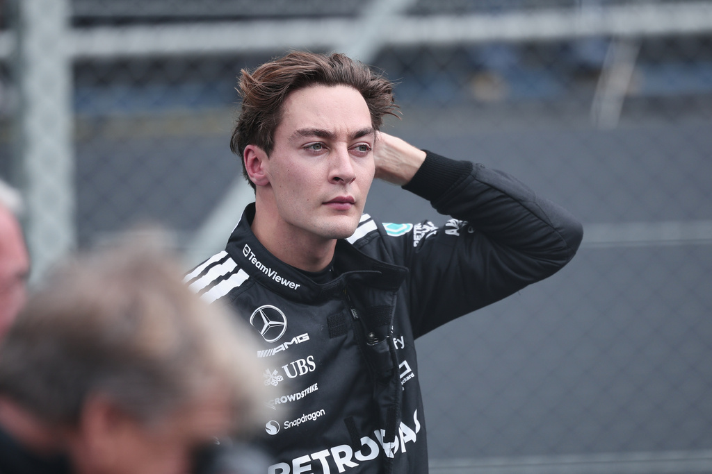 Mercedes driver George Russell of Britain gestures after winning the third place during the sprint race ahead of the Brazilian Formula One Grand Prix auto race at the Interlagos racetrack in Sao Paulo, Saturday, Nov.8, 2025. (AP Photo/Ettore Chiereguini)