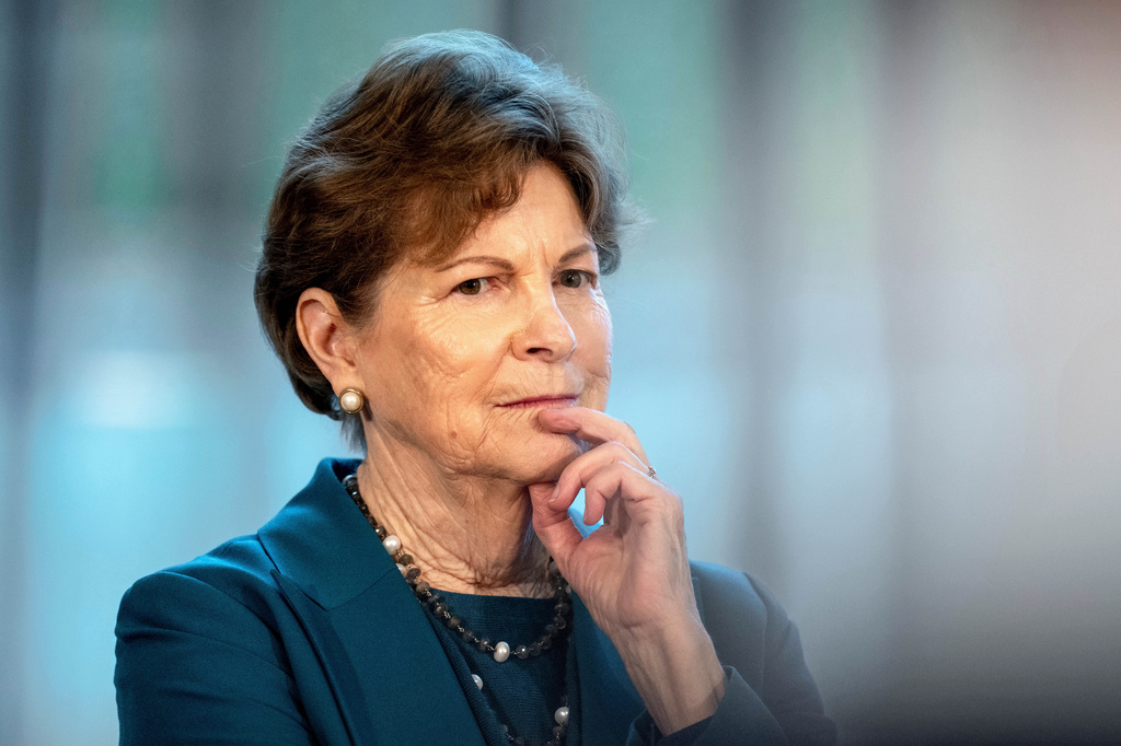 FILE - U.S. Sen. Jeanne Shaheen, D-N.H., looks on during a press conference with the American delegation, consisting of senators and members of the House of Representatives, in Copenhagen, Denmark, Saturday, Jan. 17, 2026. (Ida Marie Odgaard/Ritzau Scanpix via AP, File)