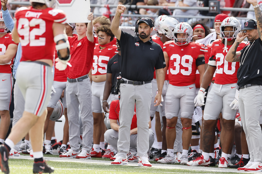 Ohio State head coach Ryan Day signals to his team against Grambling State during the first half of an NCAA college football game, Saturday, Sept. 6, 2025, in Columbus, Ohio. (AP Photo/Jay LaPrete)