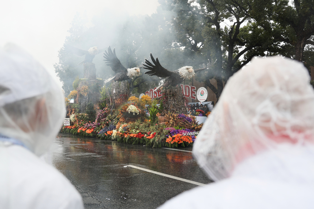 Rain comes down on a float at the 137th Rose Parade Thursday, Jan. 1, 2026, in Pasadena, Calif. (AP Photo/Caroline Brehman)