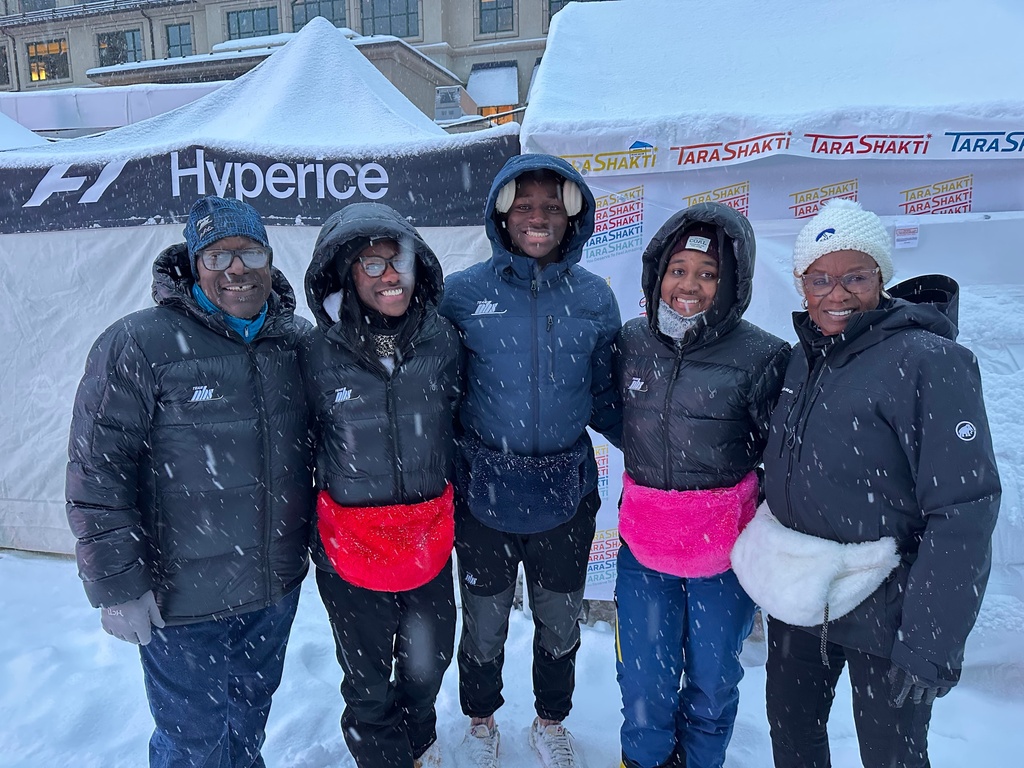 The Rivers family, from left, Henri, Henniyah, Henri IV, Helaina and Karen Rivers pose for a photo Wednesday, Dec. 3, 2025 in Beaver Creek, Colo. (AP Photo/Pat Graham)