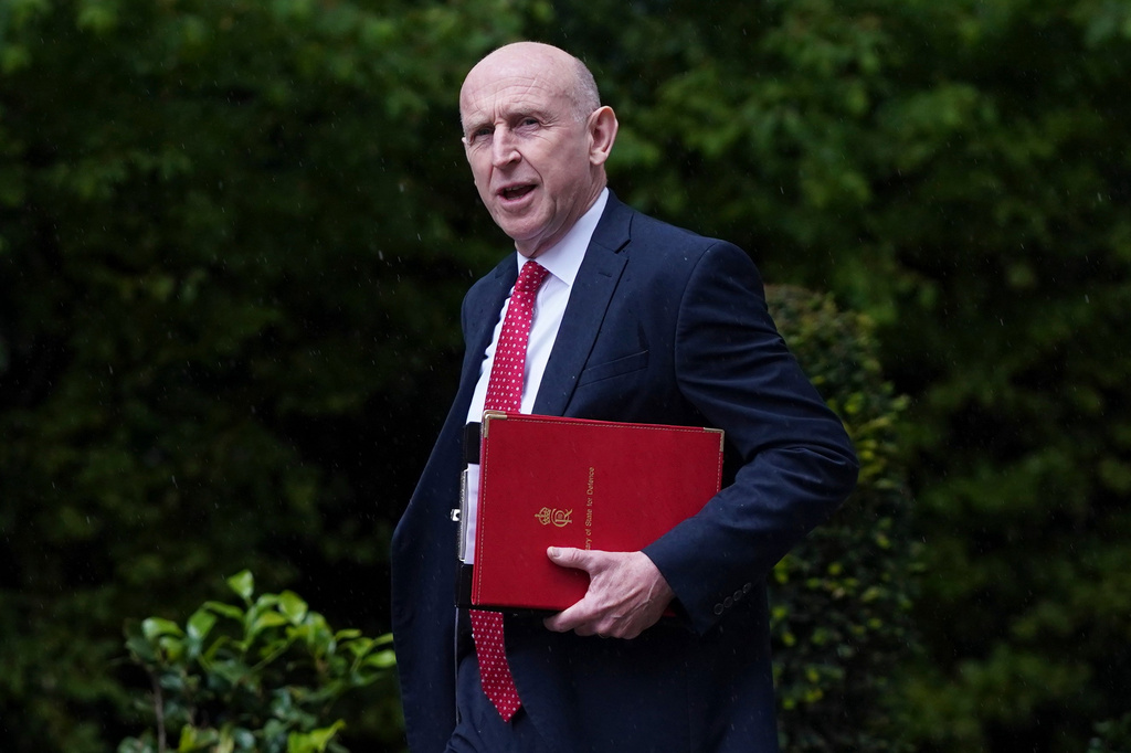 John Healey, Britain's Minister of Defense arrives for a cabinet meeting inside 10 Downing Street in London, Tuesday, June 2, 2026. (AP Photo/Alberto Pezzali)