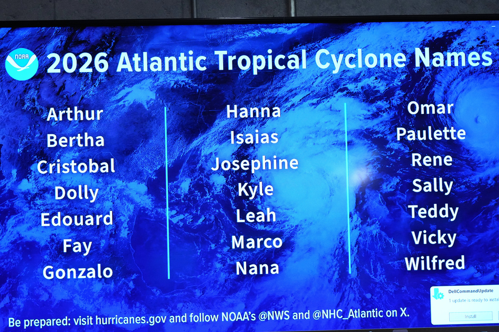 FILE - The 2026 Atlantic Tropical Cyclone Names are displayed at the National Hurricane Center on the first day of hurricane season, June 1, 2026, in Miami. (AP Photo/Lynne Sladky, File)