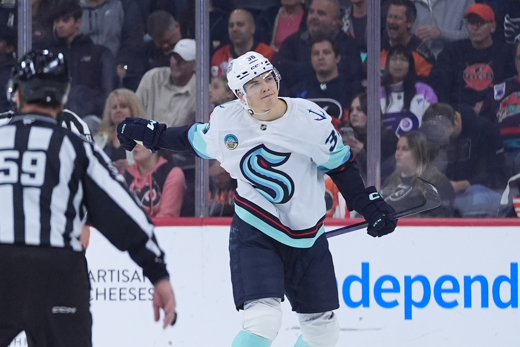 Seattle Kraken's Jani Nyman reacts after scoring a goal during the second period of an NHL hockey game against the Philadelphia Flyers Monday, Oct. 20, 2025, in Philadelphia. (AP Photo/Matt Slocum)