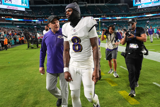 Baltimore Ravens quarterback Lamar Jackson (8) leaves the field after a win over the Miami Dolphins in an NFL football game, Thursday, Oct. 30, 2025, in Miami Gardens, Fla. (AP Photo/Lynne Sladky) Baltimore Ravens quarterback Lamar Jackson (8) leaves the field after a win over the Miami Dolphins in an NFL football game, Thursday, Oct. 30, 2025, in Miami Gardens, Fla. (AP Photo/Lynne Sladky)