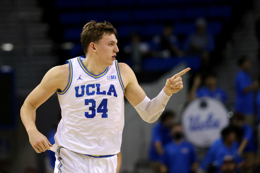 UCLA forward Tyler Bilodeau reacts after scoring against Eastern Washington during the first half of an NCAA college basketball game Monday, Nov. 3, 2025, in Los Angeles. (AP Photo/Ethan Swope)