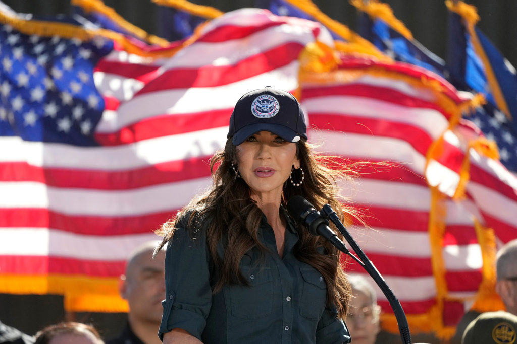 Kristi Noem, Secretary of the Department of Homeland Security, speaks at the border with Mexico, Wednesday, Feb. 4, 2026, in Nogales, Ariz. (AP Photo/Ross D. Franklin)