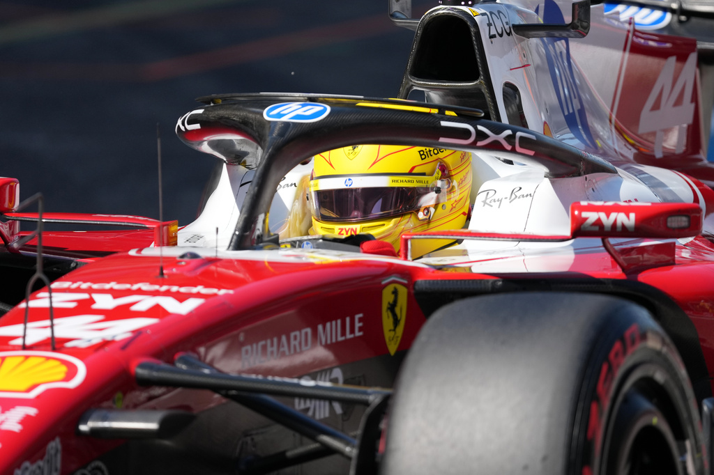 Ferrari driver Lewis Hamilton of Britain steers his car during qualifying session for the Spain F1 Grand Prix at the Barcelona Catalunya racetrack in Montmelo, near Barcelona, Spain, Saturday, June 13, 2026. (Manaure Quintero/Pool Photo via AP)