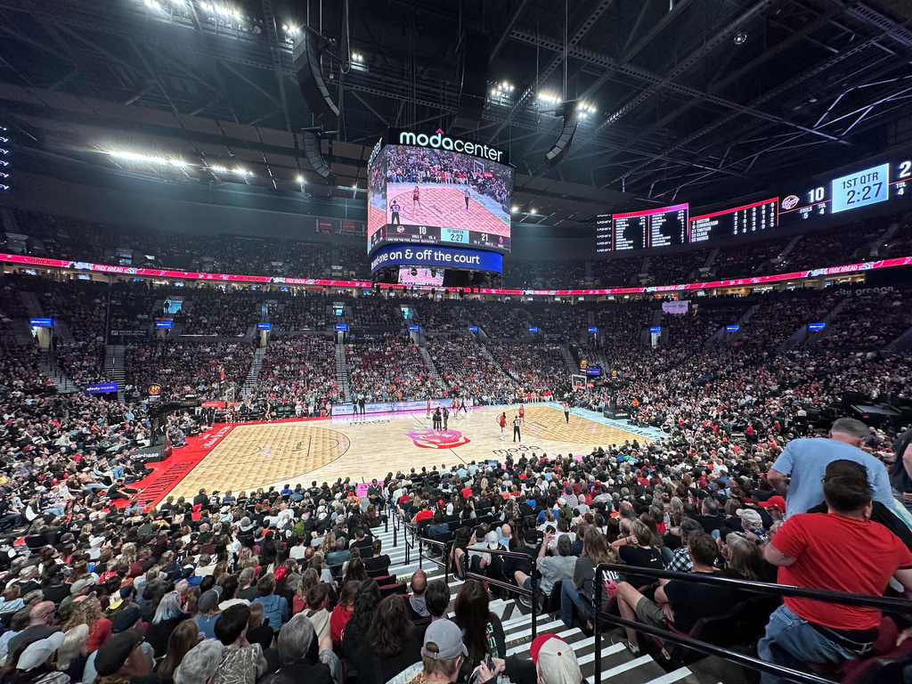 Fans fill Moda Center during a WNBA basketball game between the Portland Fire and the Indiana Fever in Portland, Or., Saturday May 30, 2026. (AP Photo/Anne M. Peterson)