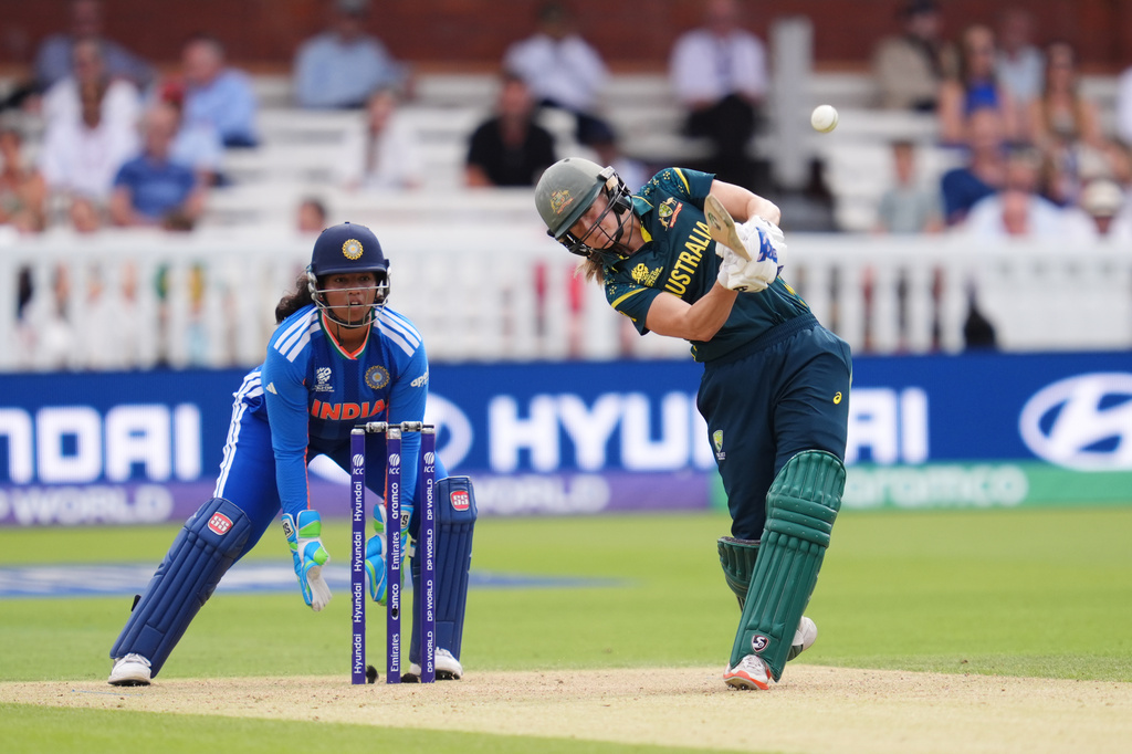 Australia's Ellyse Perry in action during the Women's T20 World Cup cricket match between Bangladesh and South Africa at Lord's Cricket Ground, in London, Sunday June 28, 2026. (Adam Davy/PA via AP)
