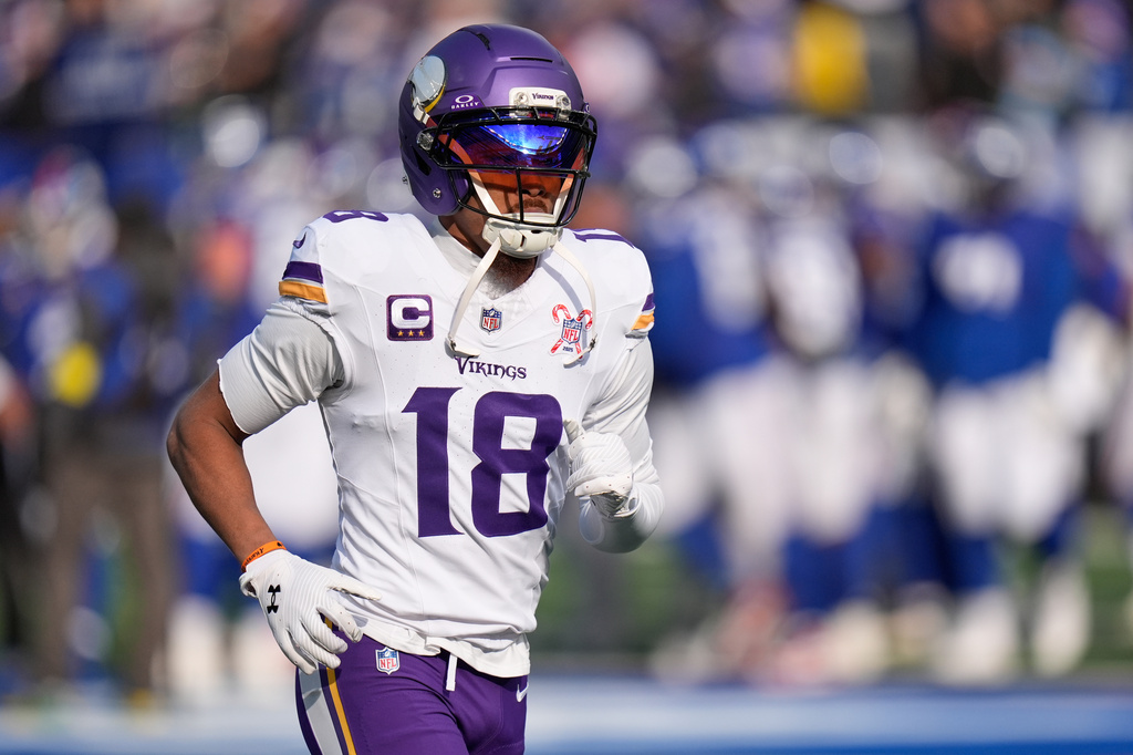 FILE - Minnesota Vikings wide receiver Justin Jefferson (18) before an NFL football game against the New York Giants, Sunday, Dec. 21, 2025, in East Rutherford, N.J. (AP Photo/Seth Wenig, File)